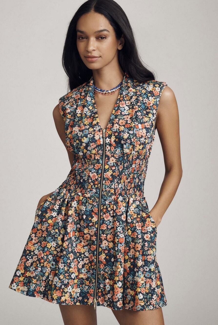 Anthropologie the Tommie Cap-Sleeve Smocked Front-Zip Shirt Dress Mini XL Boho